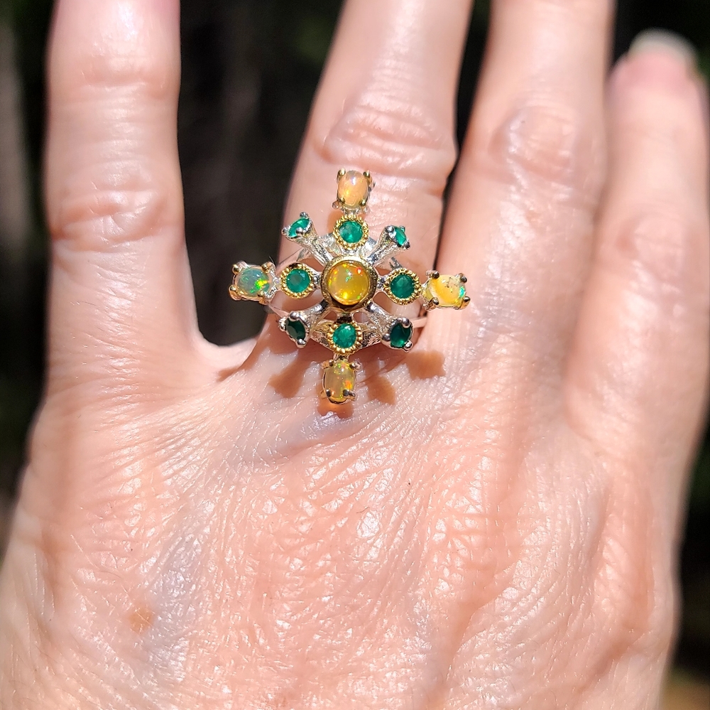 Fire Opal & Green Onyx sterling Queens Ring sz6.5 - Picture 4 of 8